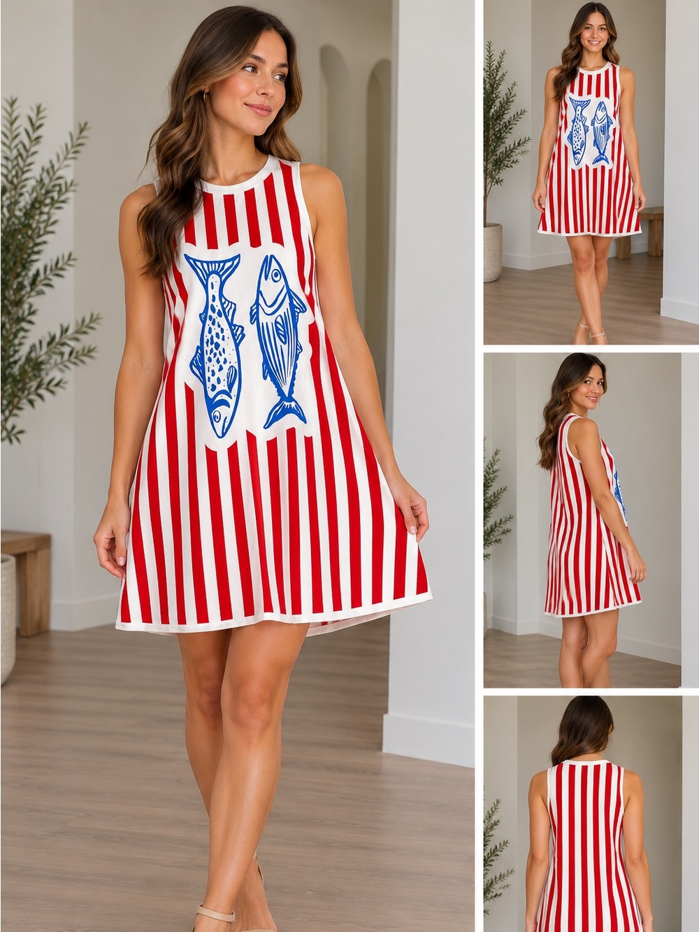 Women's Striped Fish Print Casual Fun Dress Size XS Extra Small Mini Dress